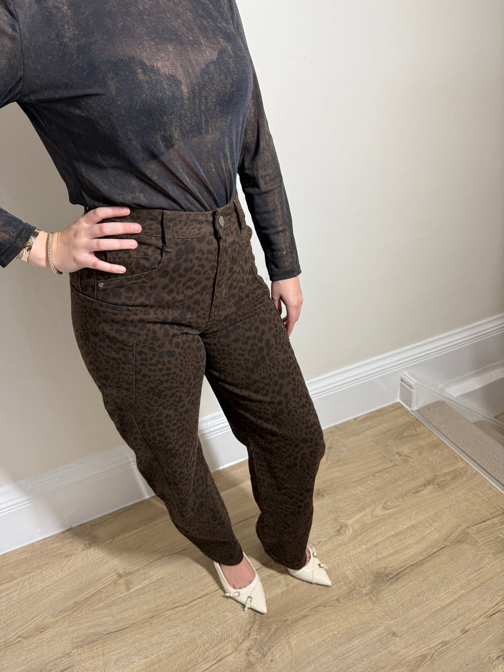 Dark Brown Leopard Print Barrel Jeans