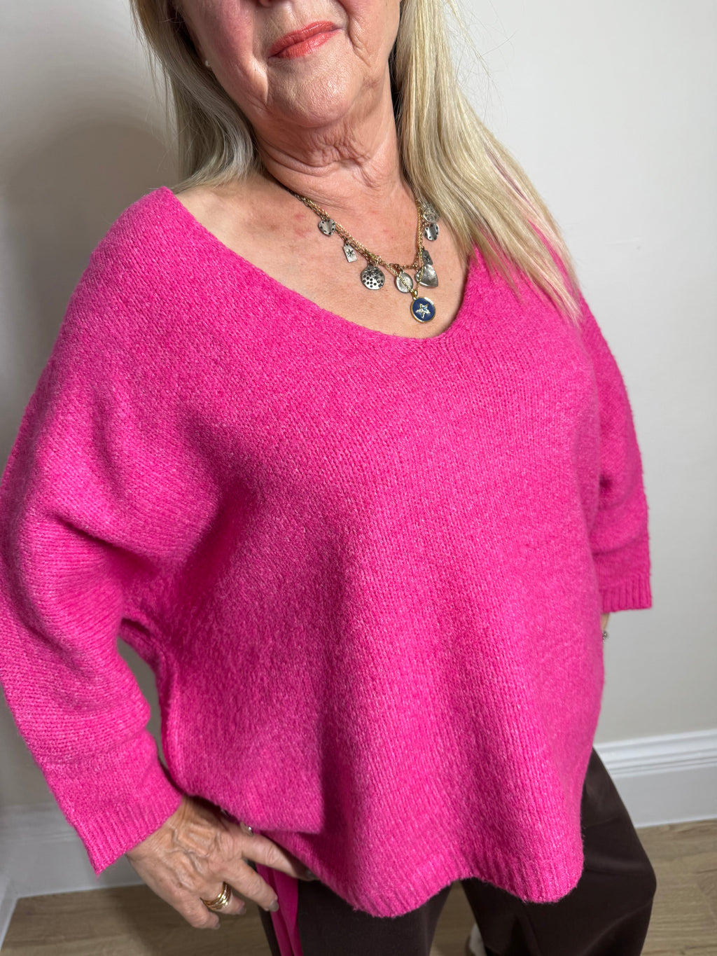 Malissa J Bright Pink Knit V-Neck Jumper