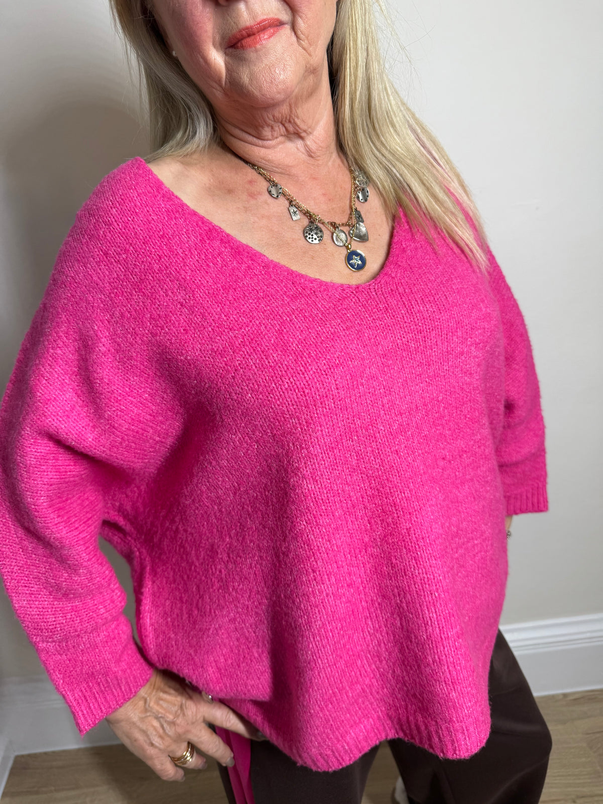 Malissa J Bright Pink Knit V-Neck Jumper