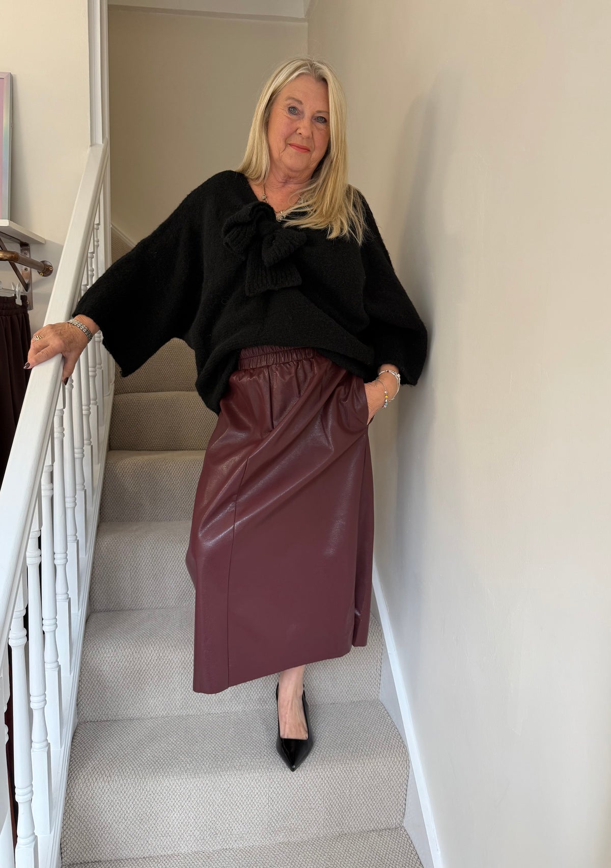 Burgundy Faux Leather Midi Skirt