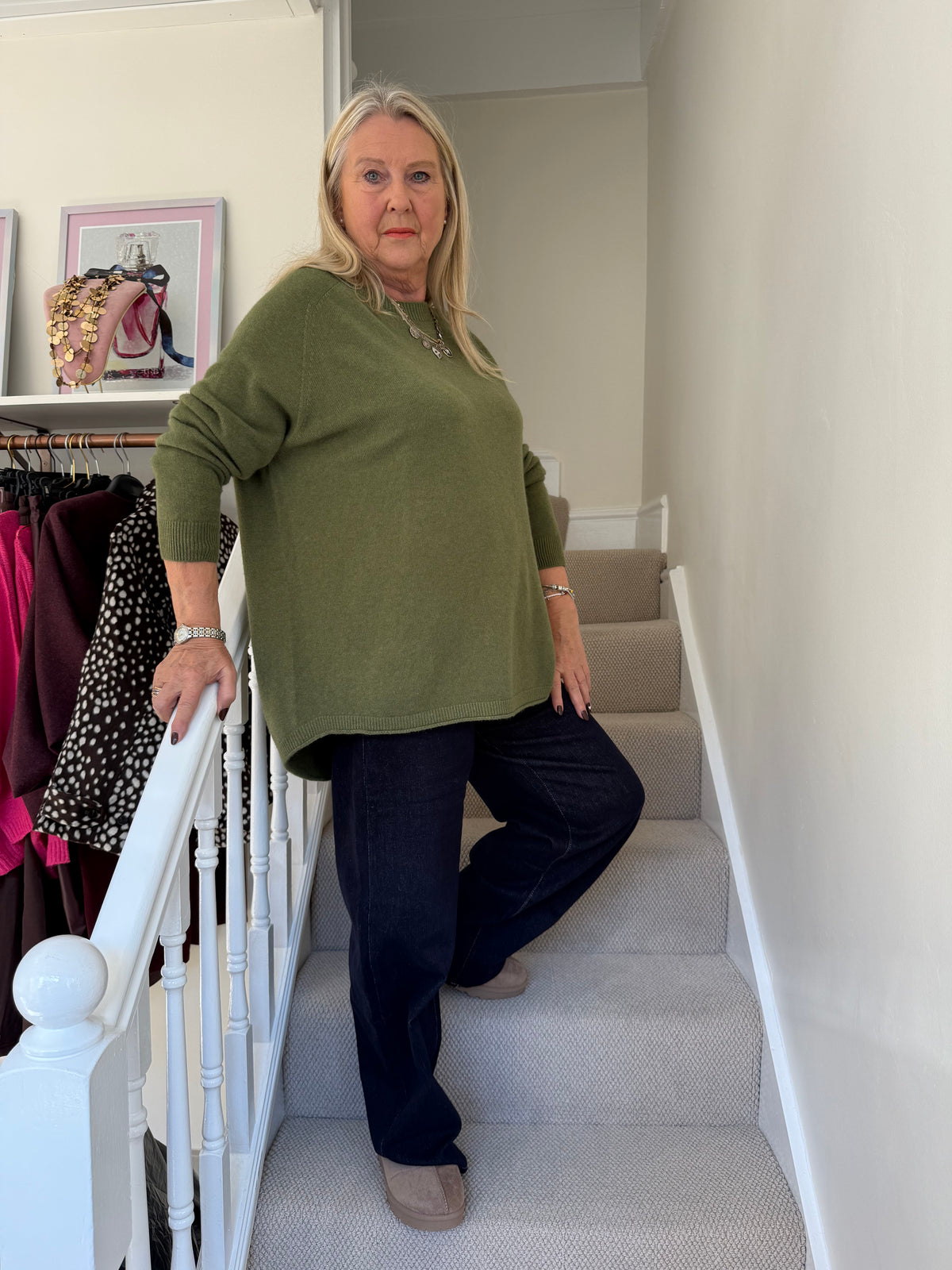 Erika Olive Green Relaxed Crew Neck Jumper