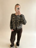 Dark Brown Paisley Pattern Knit Cardigan With Gold Button Detail