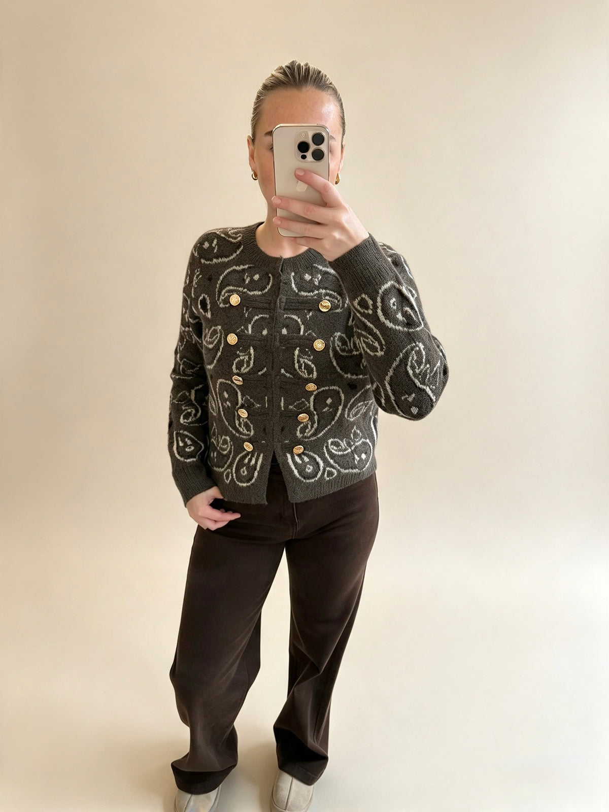 Dark Brown Paisley Pattern Knit Cardigan With Gold Button Detail