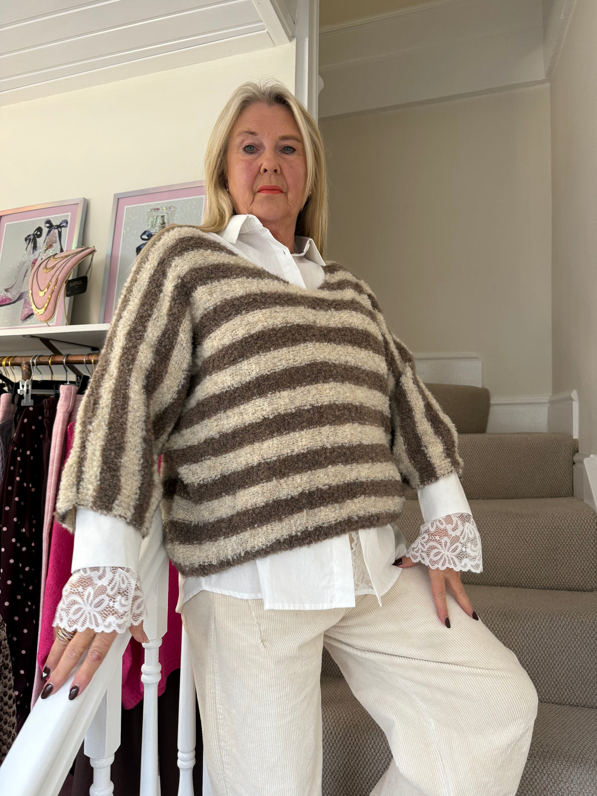 Mocha Stripe V Neck Layer Jumper