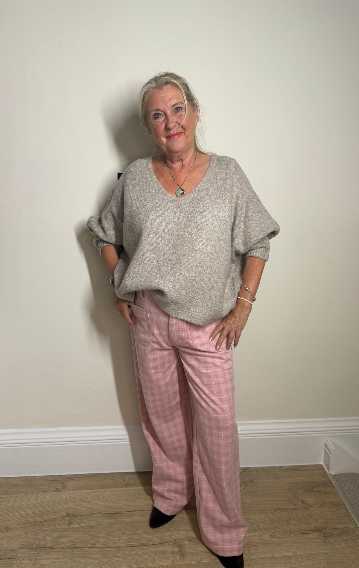 Alice Collins Pink Check Wide Leg Trousers