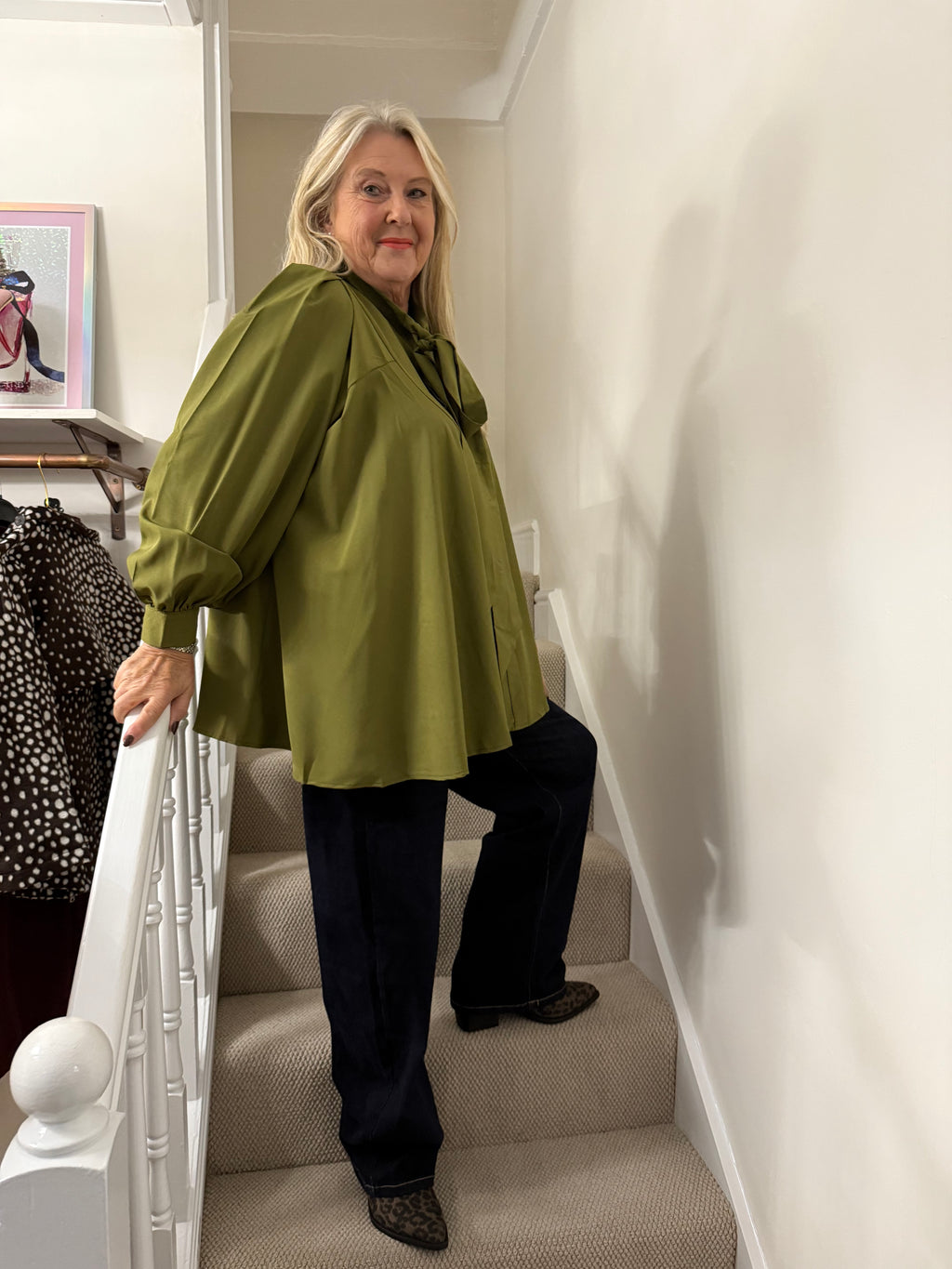 Olive Green Tie Neck Swing Blouse