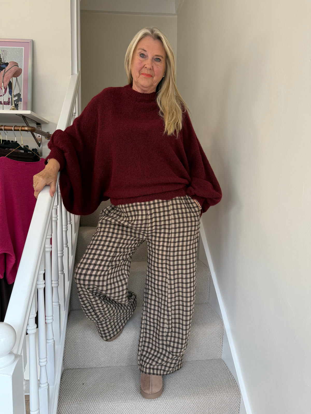 Brown Gingham Wide Leg Trousers
