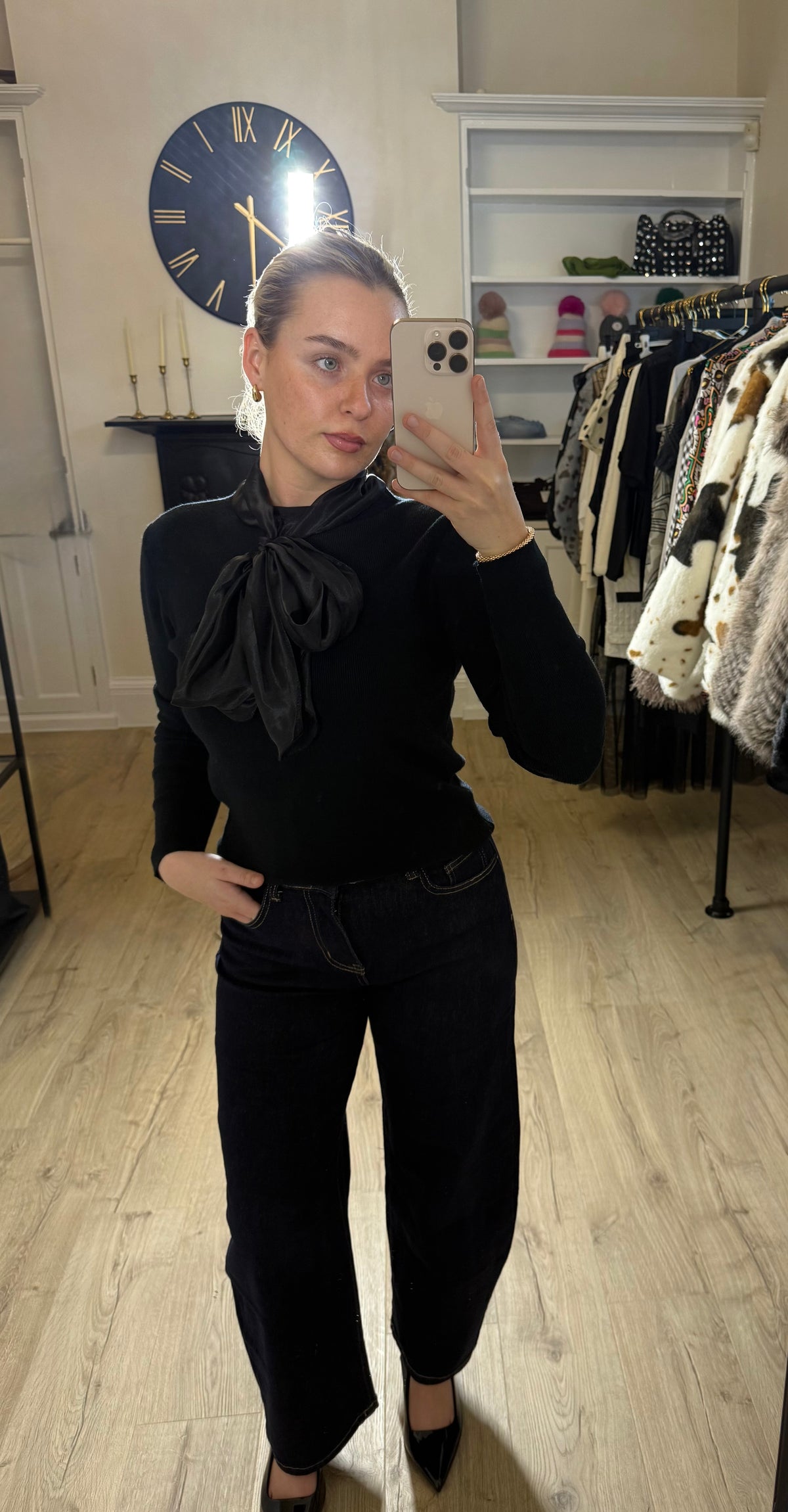 Black Pussy Bow Knit Top