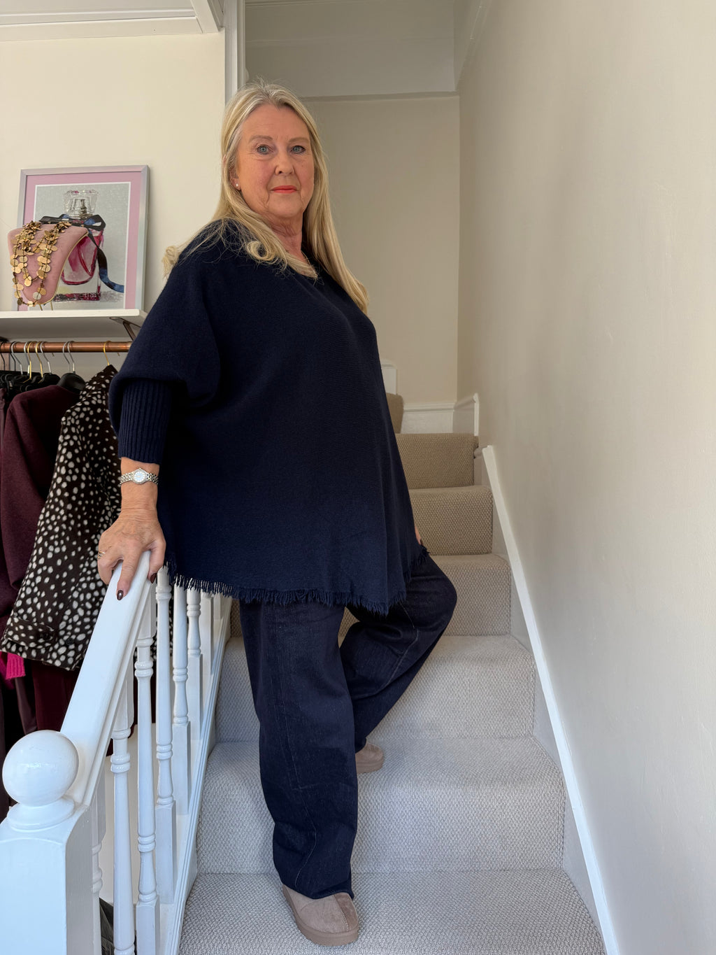 Navy Blue Erika Fringe Hem Batwing Top