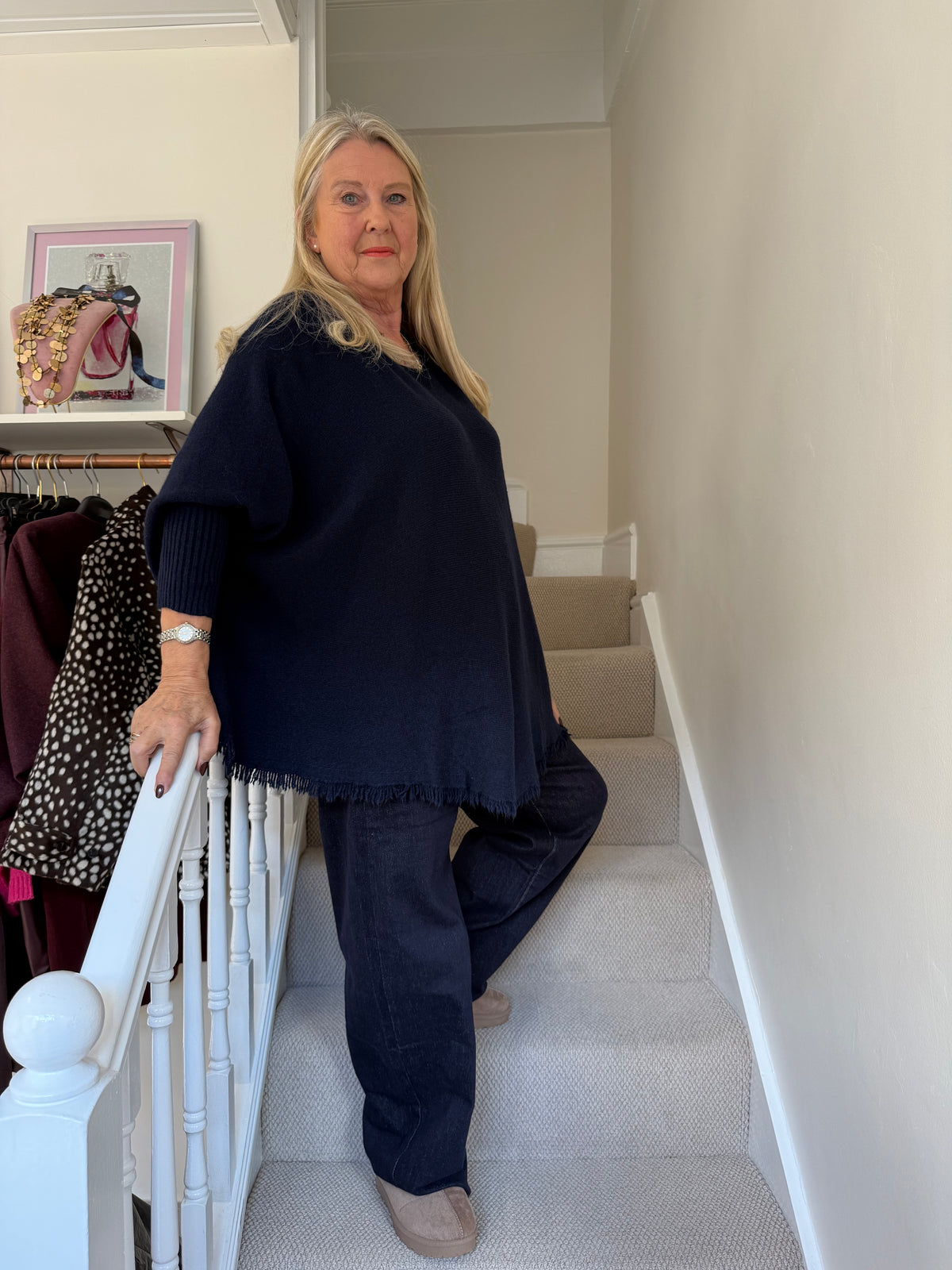 Navy Blue Erika Fringe Hem Batwing Top