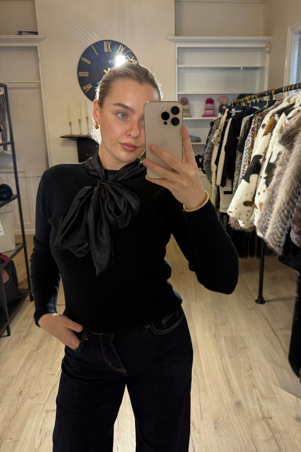 Black Pussy Bow Knit Top