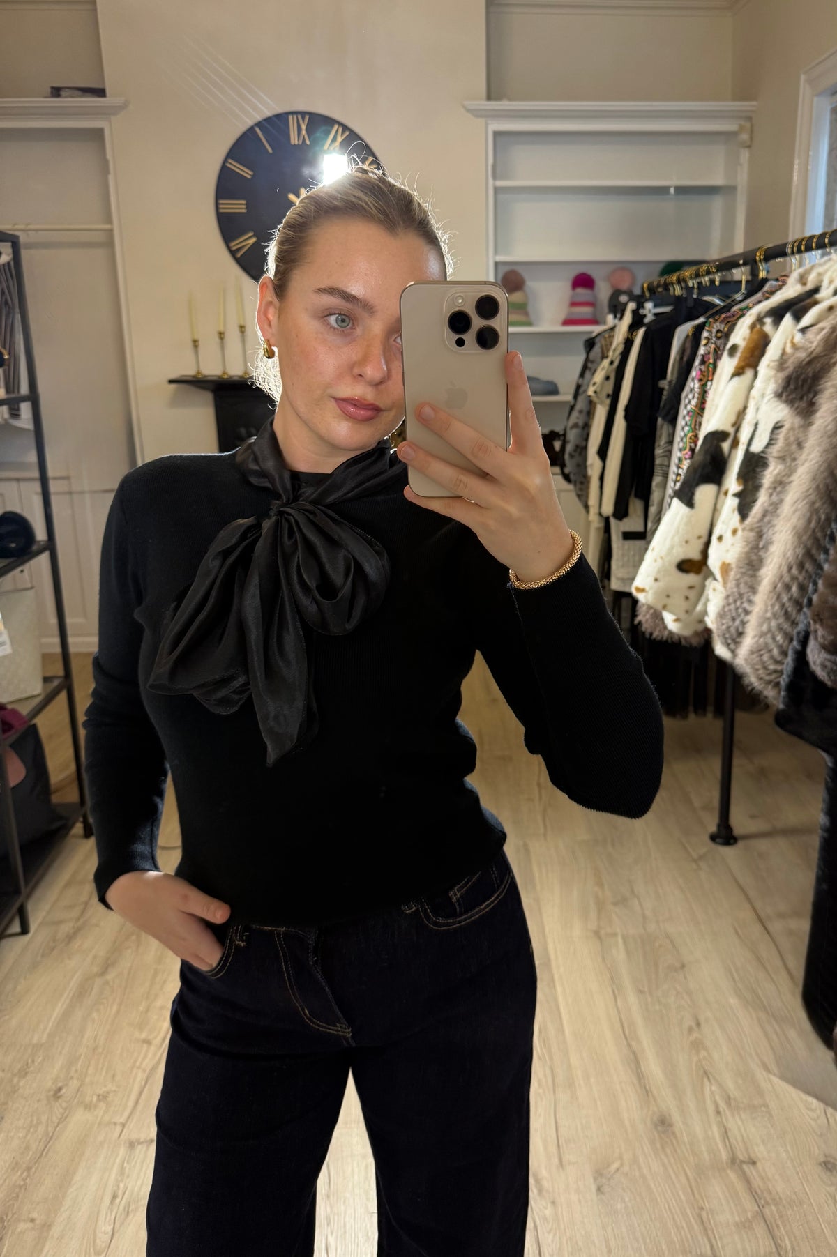 Black Pussy Bow Knit Top