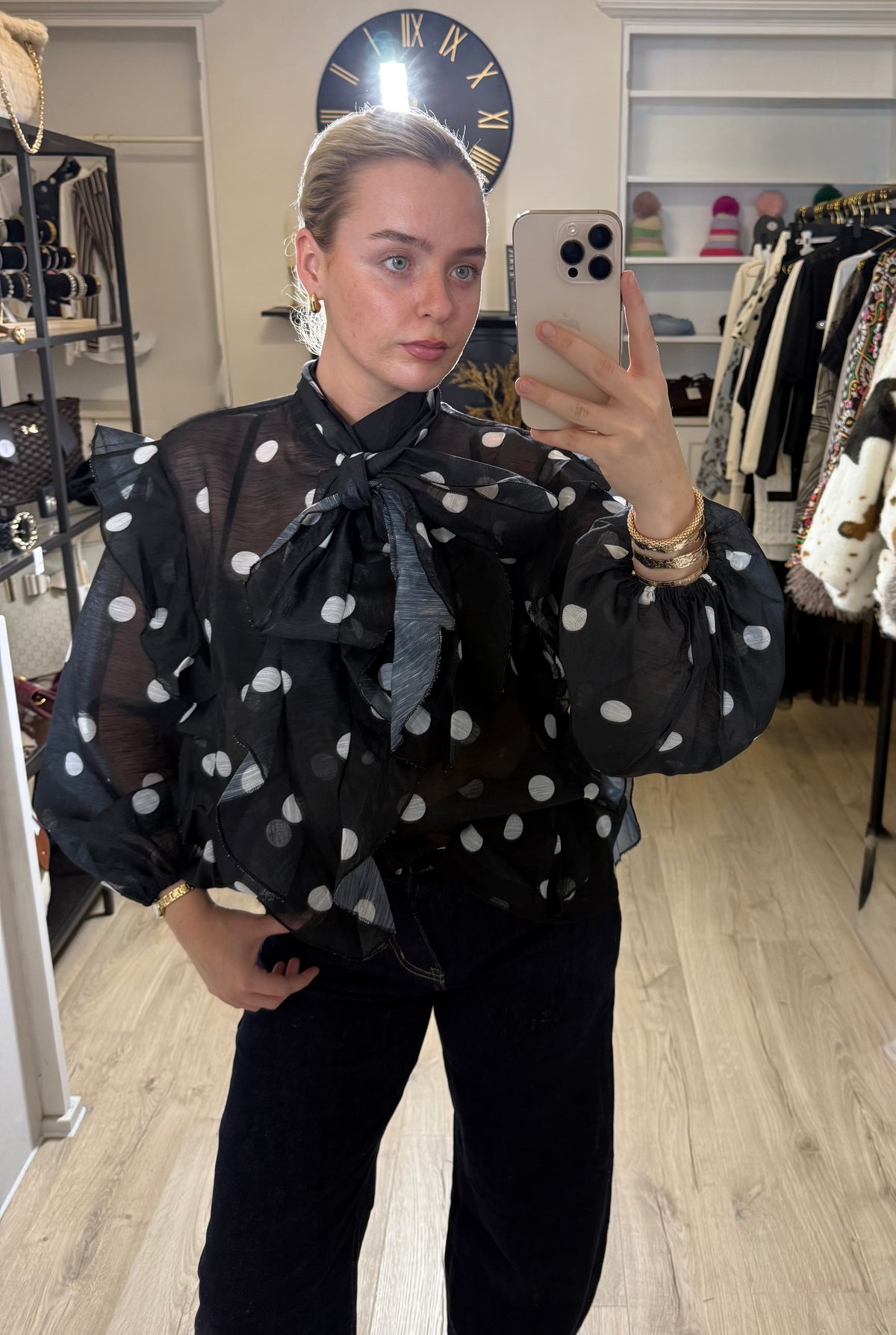Sheer Black Polka Dot Blouse With Bow Detail