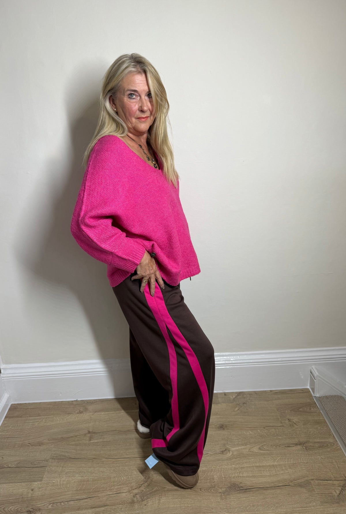 Malissa J Chocolate & Bright Pink Side-Stripe Wide-Leg Joggers