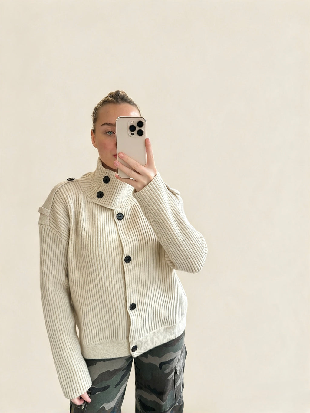 Cream Ribbed Funnel Neck Button Through Cardigan