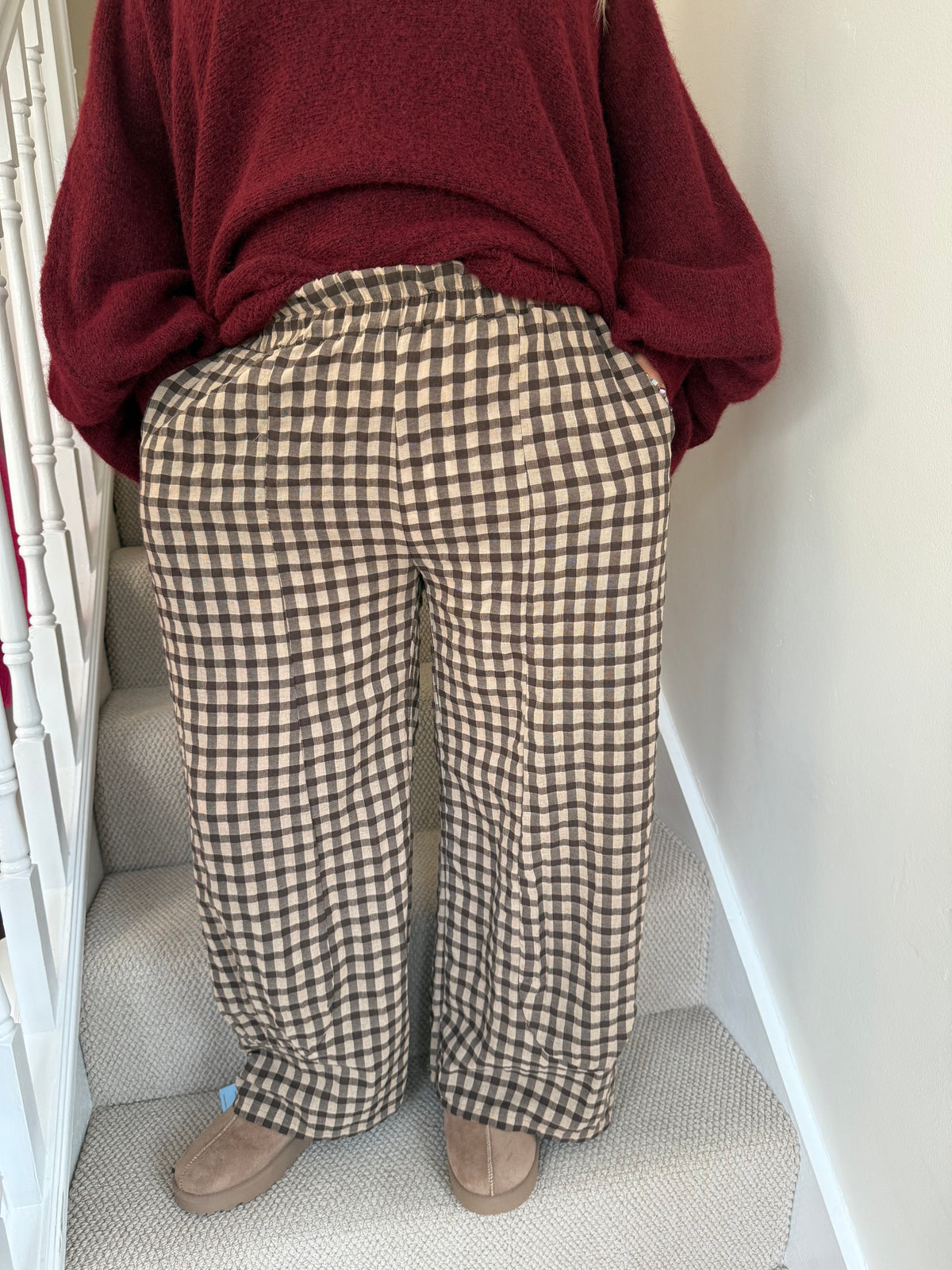 Brown Gingham Wide Leg Trousers