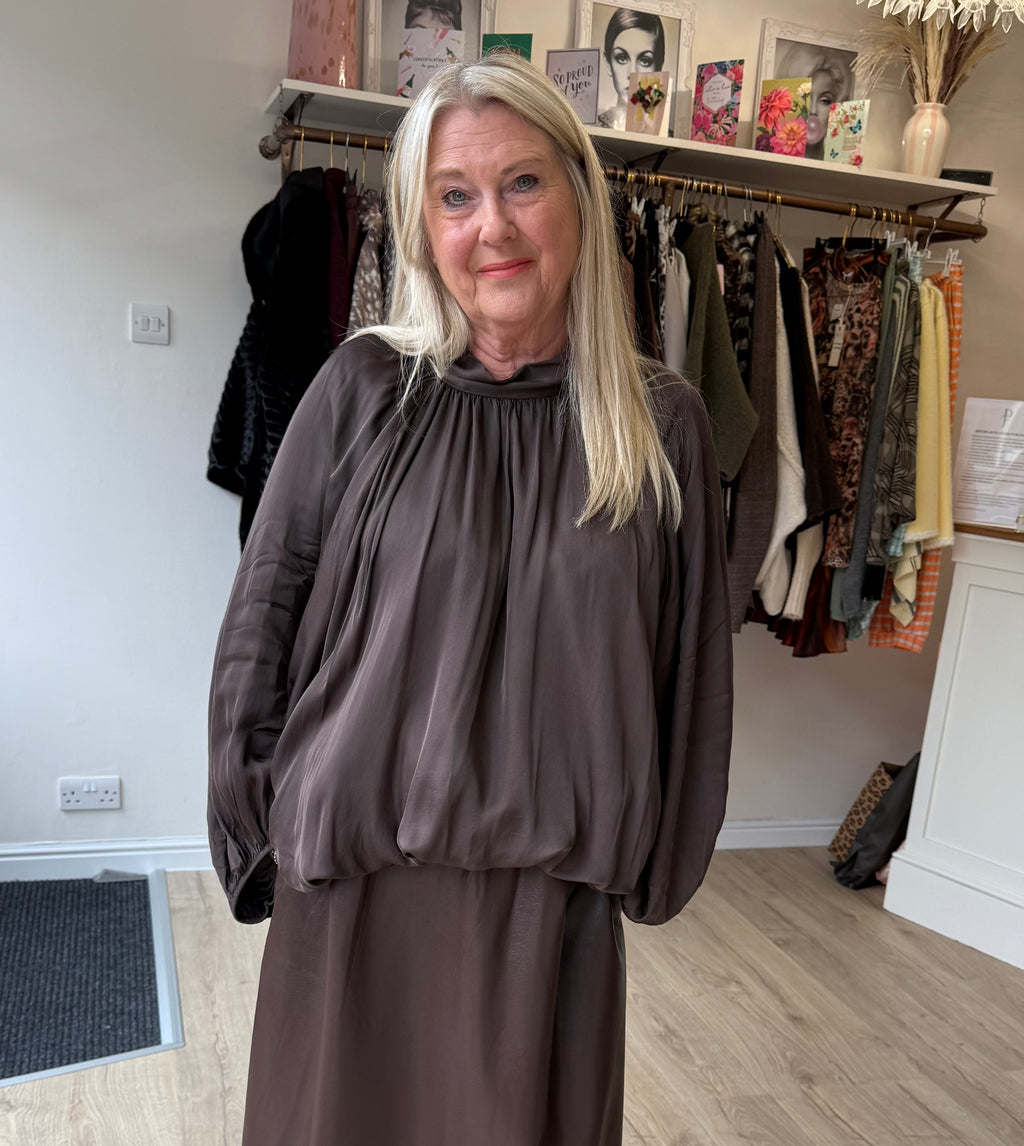 Brown Satin Feel Balloon Sleeve Top