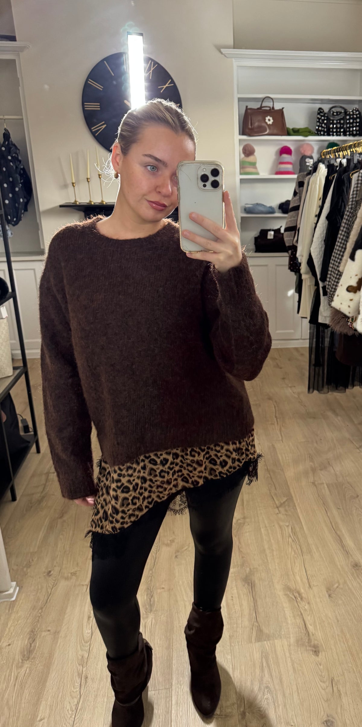 Brown Oversized Knit Jumper with Leopard Print Lace Hem